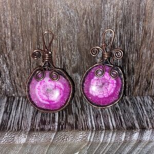 Pink Solar Quartz Druzy Wire Wrapped Earrings
